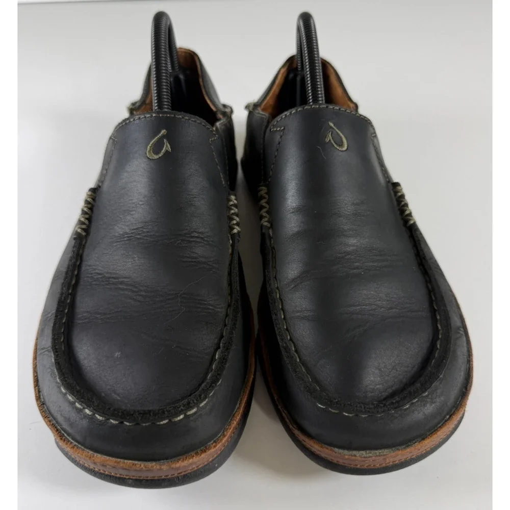 OluKai Moloa Men's 8 Black Toffee Leather Slip On Loafers 10128-4033